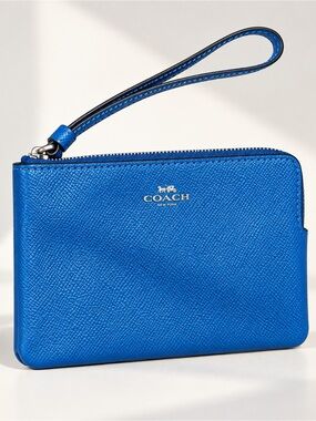 Coach Blue Crossgrain Leather Wristlet Zip Pouch Silver Hardware Y2K